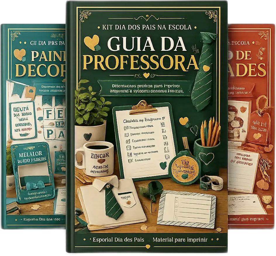 Mockup do Kit Dia dos Pais na Escola: capa do Guia da Professora ao centro, sobrepondo as capas de Painéis e Decoração e Caderno de Atividades